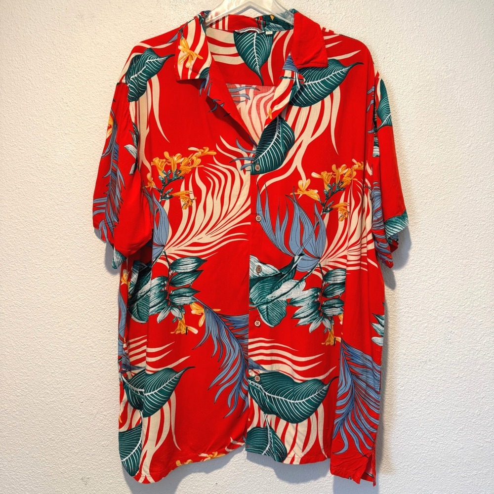 Mens Red Tropical Floral Leaf Print Rayon Hawaiian Button Down Shirt 2XL